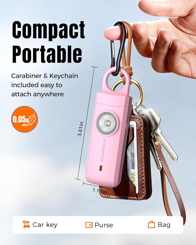 ESSAGER Personal Safety Alarm for Women, 130 dB Self Defense Siren, Rechargeable & Portable with Keychain and Carabiner, Low Battery Notice, LED Strobe Light for Kids, Seniors, College Students(Pink) - Image 4