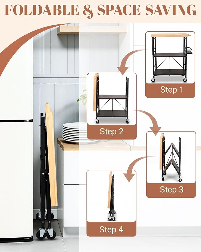 Mythinglogic Foldable Kitchen Cart with Wheels, Rolling Kitchen Island with Wood Top, 3-Tier Microwave Stand Coffee Bar Cart with Side Storage Rack, Black - Image 2
