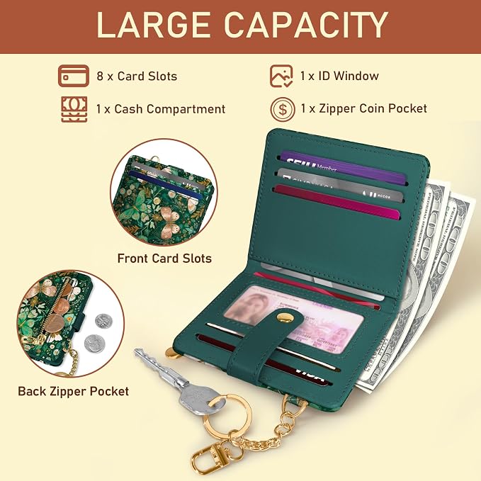 Jogjam Butterfly Green Rfid Women Wallet, Small Slim Credit Card Holder | PU Leather Bifold Cash Zipper Coin Pocket ID Window, for Female Ladies Teen Girls Girly Gifts - Image 4
