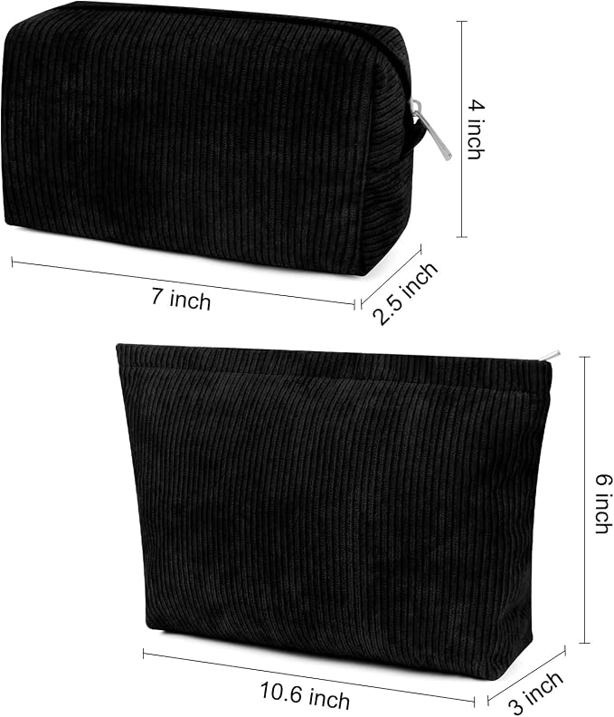 SOIDRAM 2 Pcs Corduroy Makeup Bag Large Cosmetic Bag Toiletry Bag Makeup Pouch Travel Bag Organizer Cute Makeup Brushes Aesthetic Accessories Storage Bag for Women Black - Image 3