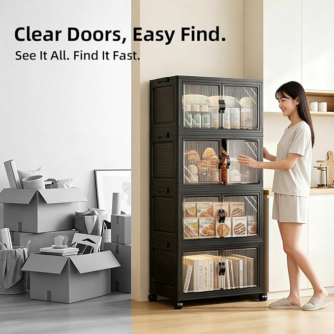 5-Tier Foldable Storage Cabinet with Wheels & Lid, 242QT Large Stackable Organizer, No Tool Required, Storage Cabinet for Garage, Home Office, Pantry, Kitchen, Dorm - Image 5