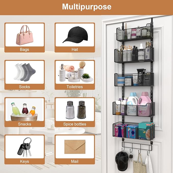 VyGrow Over The Door Organizer, Metal Door Organizer Hanging with 5 Adjustable Baskets and Coat Hook, Behind The Door Storage for Bedroom Closet Bathroom Pantry Cabinet Kitchen, Black - Image 8