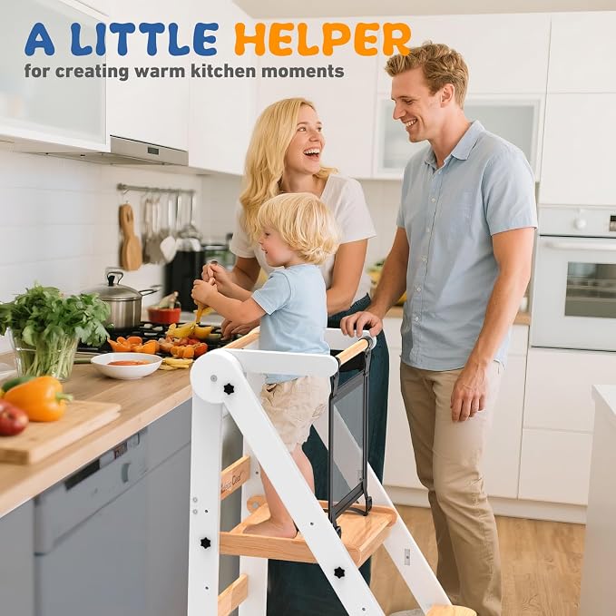 Foldable Toddler Tower, 3 Adjustable Height, Toddler Kitchen Stool Helper | Wooden Standing Tower with Safety Net ,Safety Feet,for Kitchen, Bathroom, Study Room,Offer Customer Service - Image 2