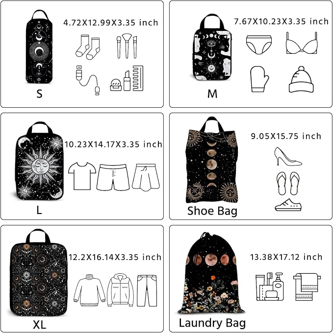 6 Pcs Compression Packing Cubes Waterproof Suitcase Travel Bag Luggage Backpack Organizer Travel Cubes for Packing-Gothic Style - Image 2