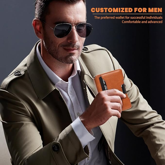 Wallet for Men, RFID Blocking Slim Mens Wallet with Money Clip | Minimalist Pop Up Card Case, ID Window, 9-11 Cards Capacity, Bifold Leather Front Pocket Wallet with Gift Box（Brown） - Image 4