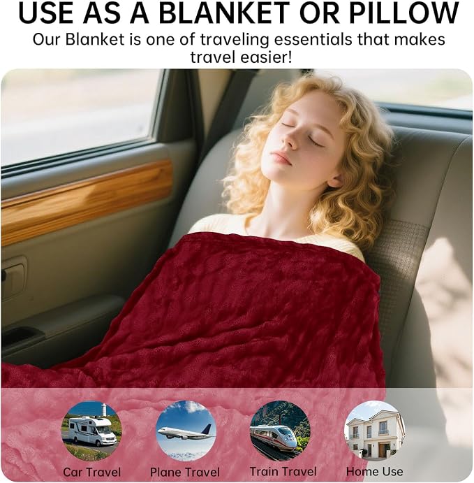 Travel Blanket and Pillow-2-in-1, Ultra-Soft&Compact, One-Piece Airplane Blanket with Hand Luggage Belt and Backpack Clip,Travelers Accessories Gifts, 61x43 Inches（Burgundy） - Image 2