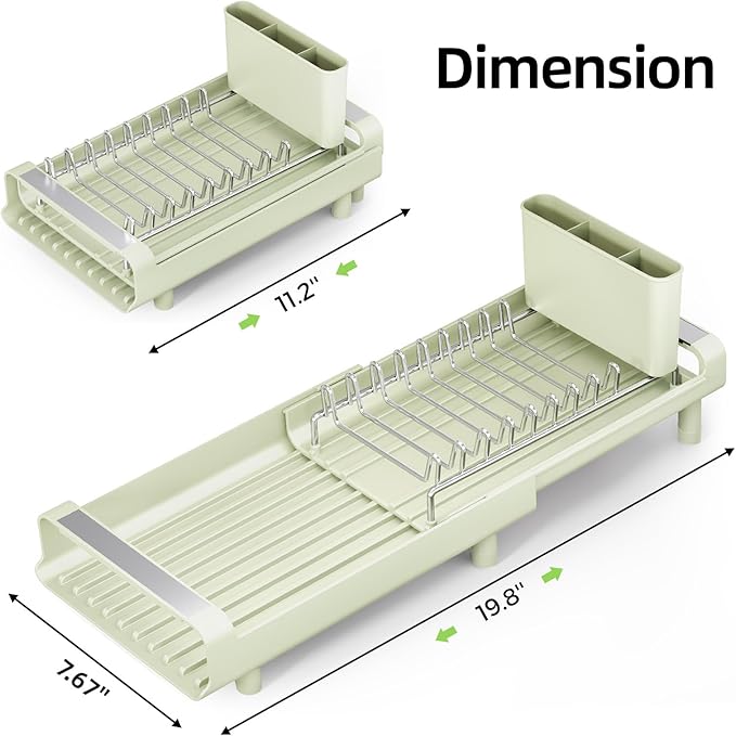 TOOLF Small Dish Drying Rack, Expandable and Space-Saving, Grayish Green | Mini Dish racks for kitchen counter, Compact Design Fits Sink or Counter, Stainless Steel Plate Rack, 11"-19.3"L×7.7"W×3.54"H - Image 9