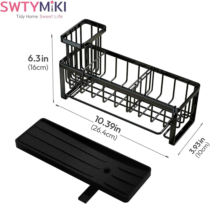 SWTYMIKI Sponge Holder for Kitchen Sink - Sink Caddy with Brush Holder Self-draining Sponge Caddy Organizer with Divider Stainless Steel Kitchen Accessories Storage for Countertop, Black - Large - Image 8