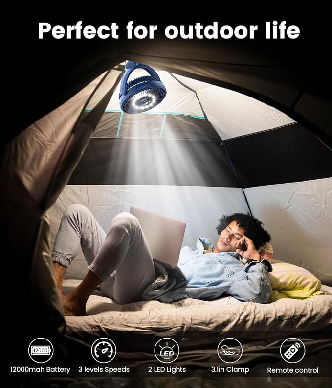 8" Clip on Fan, 20000mAh Rechargeable Fan Battery Portable, Strong Airflow | 3 Speeds, USB Fan Small Desk Fan Personal Quiet Fan for Office, Stroller, Bedroom, Camping, Gifts for Men, Blue - Image 7