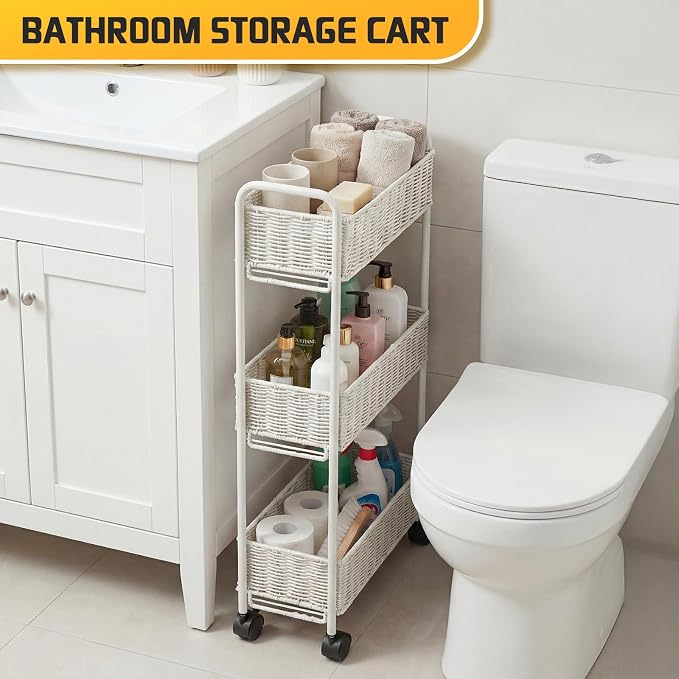 Utility Slim Storage Cart,3-Tier Rolling Kitchen Office Laundry Room Cart,Mobile Shelving Unit Organizer for Living Room Bathroom Baby Diaper Narrow Places (White, UC-White-7.1inch) - Image 5