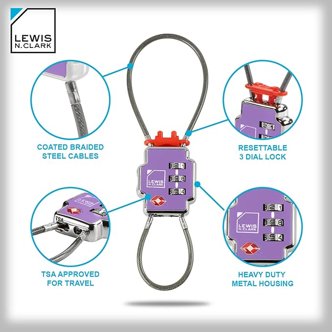 Lewis N Clark 3X Security Lock TSA Luggage Locks for Suitcases, Carry On, Laptop Bag, Set Combo to Create Secure Padlock for Travel, Vacation, Business, or Backpacking, Purple, 1 Pack - Image 3
