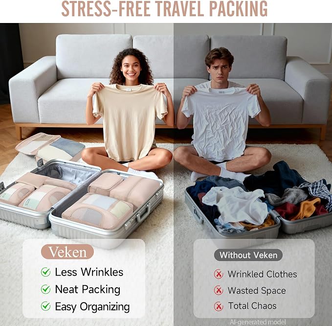 Veken 8 Set Packing Cubes for Travel Essentials,Anti-Wrinkle Buckled Suitcase Organizer for Shoe & Toiletry Bag,Carry On Luggage Bag with 99+ Count Mesh Holes for Airplane & College Dorm Accessories - Image 8