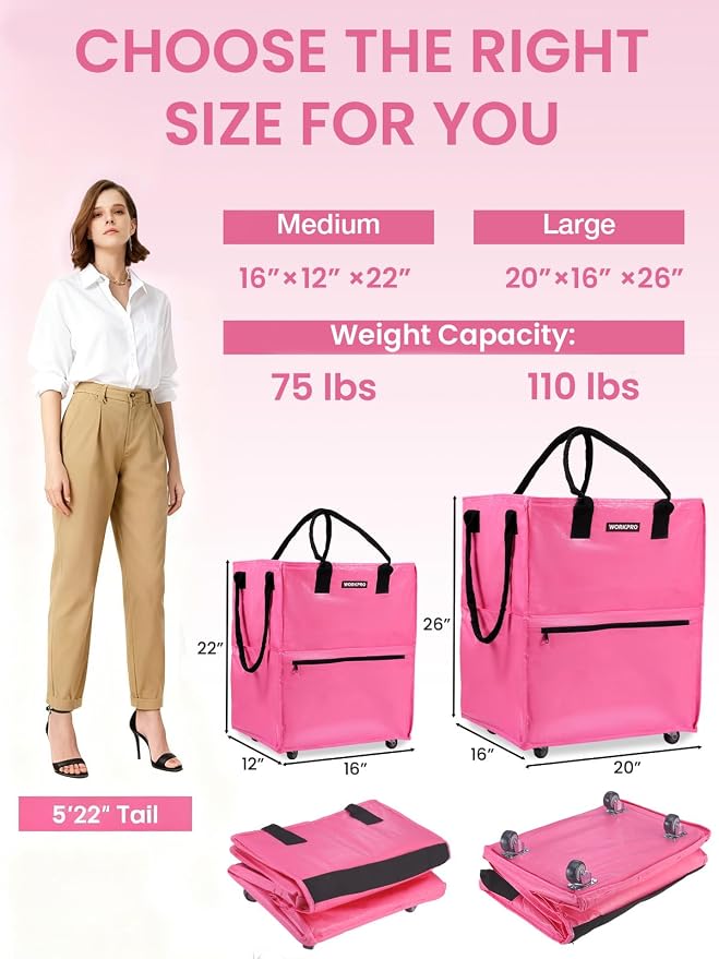 WORKPRO Large Rolling Grocery Bag, 36-Gallon Rolling Tote with 5 Wheels | Reusable Grocery Bag on Wheels, Holds Up to 110 lbs, Heavy Duty Rolling Tote for Groceries, Laundry, Moving & Storage - Image 2