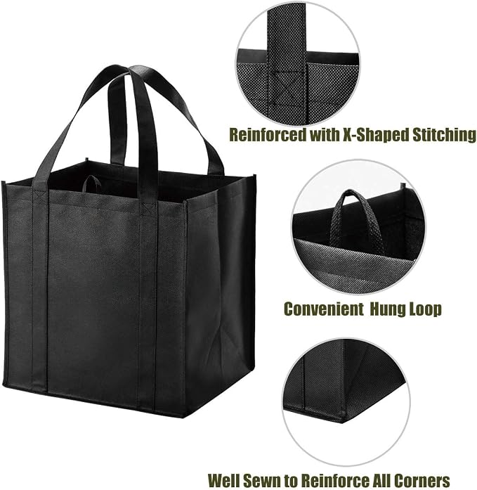 NERUB Set of 10 Reusable Grocery Bags Heavy Duty Shopping Bags Large Grocery Totes with Reinforced Bottom Super Sturdy Handles, Black - Image 3