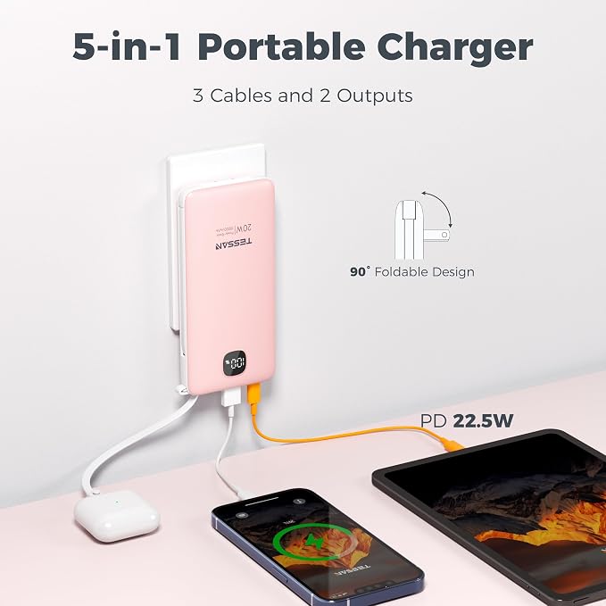 Portable Charger with Built in Cables,TESSAN 10000mAh Power Bank Fast Charging with Foldable Wall Plug Charger, PD20W Compact Battery Pack Travel Essentials for iPhone 17/16/15 Series,Samsung,Tablets | PD20W USB C Fast Charging with Foldable AC Outlets... - Image 2