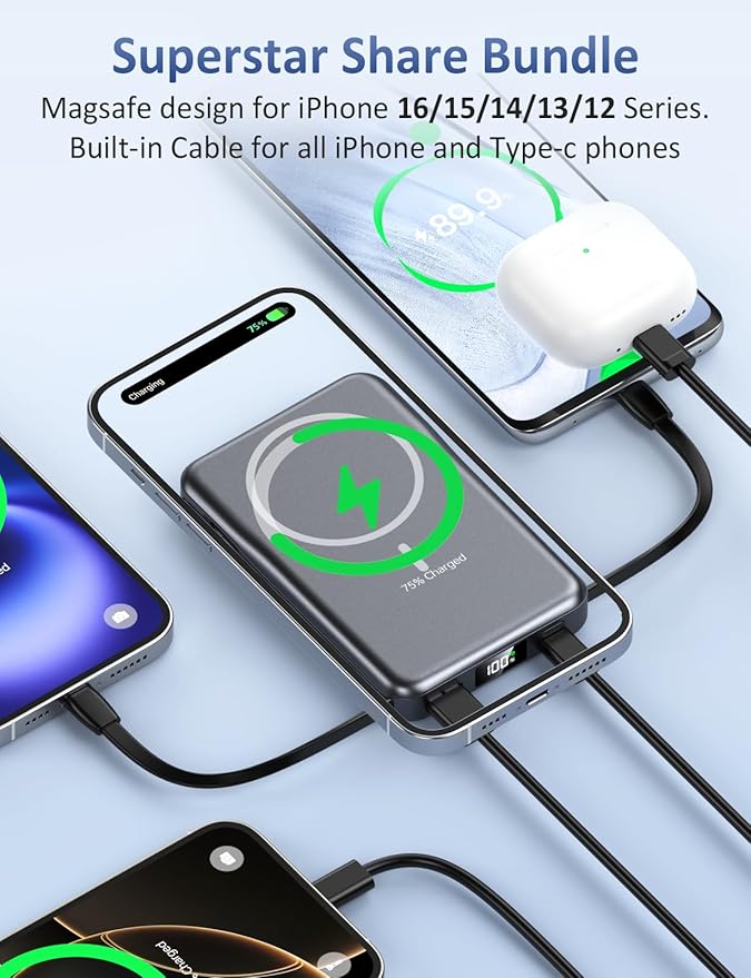Magnetic Portable Charger 10000mAh, 20W Power Bank with Built in Cable | 20W Fast Charging for Magsafe Battery Pack with LED Display, Travel Essential for iPhone 17/16/15/14/13/12 Pro/Pro Max-Black - Image 2