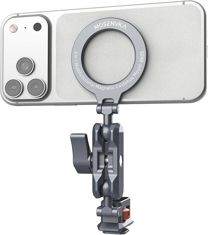 MOSENVKA 4-in-1 Magnetic Phone Mount for iPhone Foldable Stand | Arca-Swiss base, 1/4"-20 screw and Cold Shoe Adapter for GoPro, Cameras and Vlogging Setups - Image 6