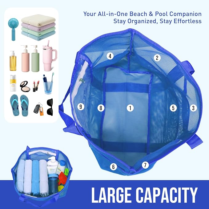 Large Mesh Beach Tote Bag, 9-Pocket Foldable Summer Vacation Beach Bag for Travel, Pool, Gym, Cruise - Image 4