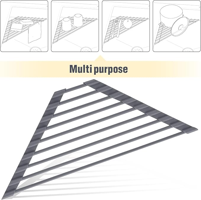 Tomorotec Roll Up Dish Drying Rack with Silicone Coating, Deep Gray | 304 Stainless Steel with BPA-Free Silicone, Triangle Design Maximizes Sink Corner Space, Fits Compact Kitchens And RVs - Image 7