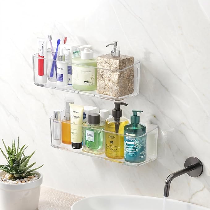 PAVSTINE 2 Pcs Clear Shower Shelf, Large Bathroom Wall Mounted Shower Caddy | No Drill Self Adhesive Bathroom Organizer with Self Adhesive Tape by PAVSTINE
