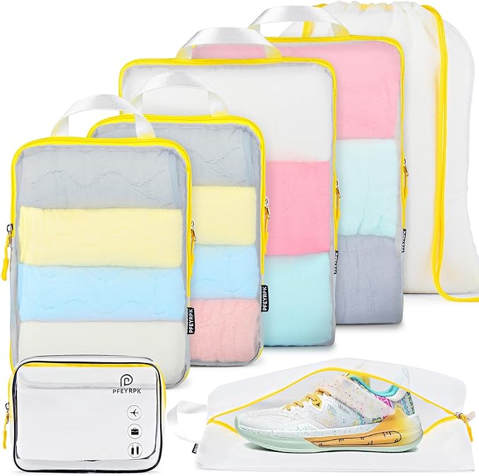 PFEYRPK Lightweight Compression Packing Cubes for Suitcases, Compressible Expandable Travel Packing Organizer with Clear Toiletries and Backpack Bag, Travel Essentials for Carry on Luggage 7 Set by PFEYRPK