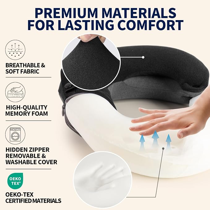 Kids Travel Pillows for Airplane, Memory Foam 360° Head Support Sleeping Essentials for Long Flight, Skin-Friendly Soft Neck Pillow for Traveling in Car Seat, (Small, Black Grey, 40-90 lbs) - Image 4