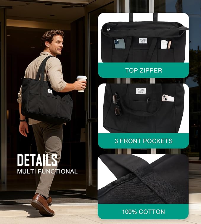 Bagelite Extra Large Canvas Tote for Women Men, Utility Work Bag with Zipper - Image 3