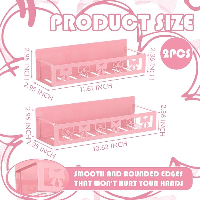 Beeveer 2 Pcs Magnetic Spice Rack for Refrigerator, Pink Bow | Magnetic, No Drilling, Pink Bow Kitchen Decor, Pink Home Accessories, 2 Sizes Metal Storage Shelf for Fridge Spices - Image 2