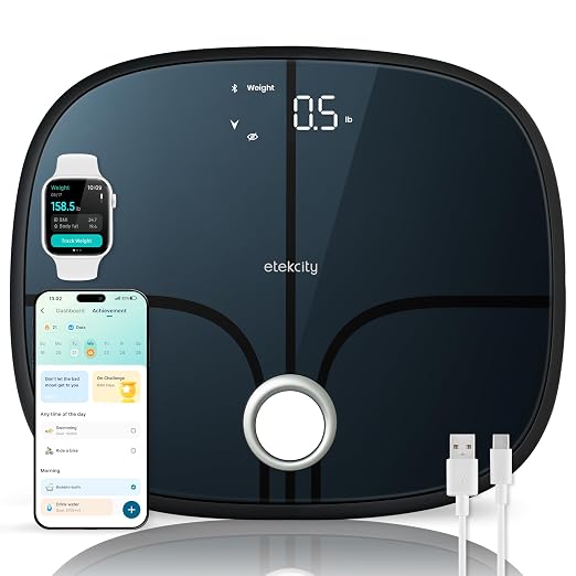 Etekcity Rechargeable Smart Scale for Body Weight, FSA Eligible, Black | HSA eligible, tracks 13 metrics including BMI, body fat and muscle mass, with Secret Mode and Bluetooth app sync by Etekcity