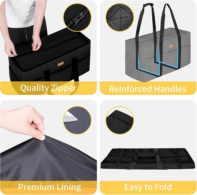 LHZK Stand Up Extra Large Utility Tote Bag with Lid, Utility Tote Bag with Metal Wire Frame and the Sides Rinforced, Reusable Grocery Bags Foldable, Beach Bag, Car Tote (Black) - Image 2