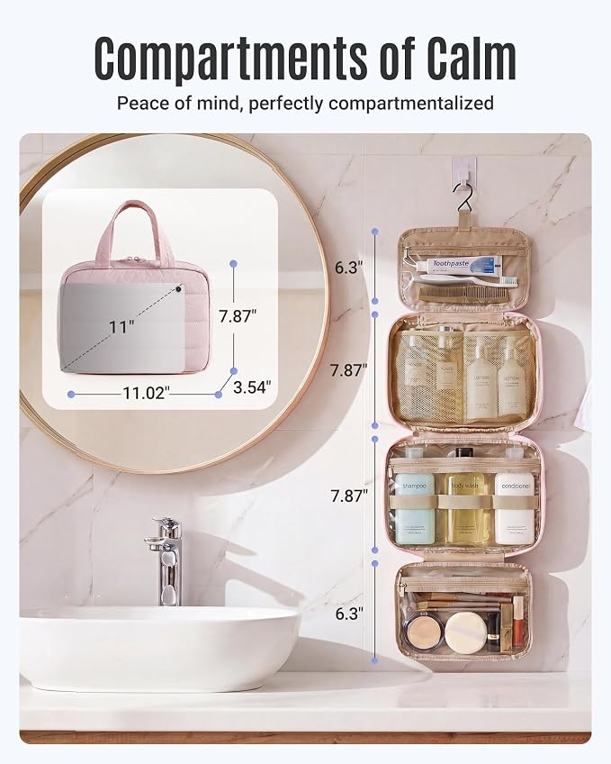 Travel Toiletry Bag - Hanging Makeup Organizer for Women & Men | Portable Hanging Organizer for Travel-Sized Shampoo, Full-Sized Toiletries, Brushes Set, Makeup Accessories, Nude Pink - Image 2