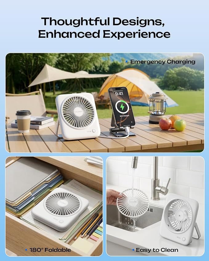 Otlonpe Personal Portable Desk Fan, 4000mAh Small Rechargeable Portable Fan Battery Operated & USB Powered for Travel Sleeping Bedroom Office Home Table, Cordless, Quiet, 4-Speed, 6.5 Inch (White) - Image 6