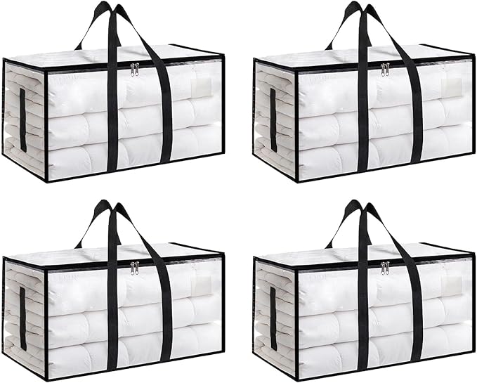 4 Pack-Extra Large Heavy Duty Moving Bags - Waterproof Storage Totes with Handles & Zippers, Foldable for College Dorm, Storage (Clear) by Unknown