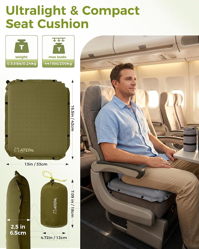 ATEPA Inflatable Seat Cushion | 2" & 2.5" Foam Core Seat Pad, Self Inflating, Compact, Stadium, Airplane, Travel, Camping, Hiking, Sports events - Image 2