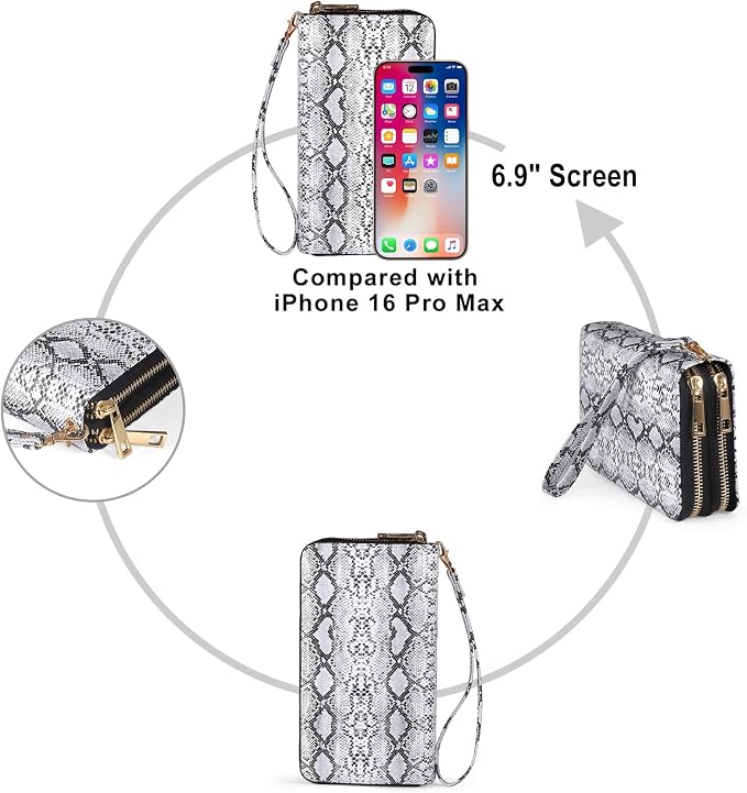Double Zipper Wallet for Women That Hold Big Cell Phone with 17 Card Slots and Coin Pocket, RFID Blocking Anti Theft, Snakeskin - Image 6