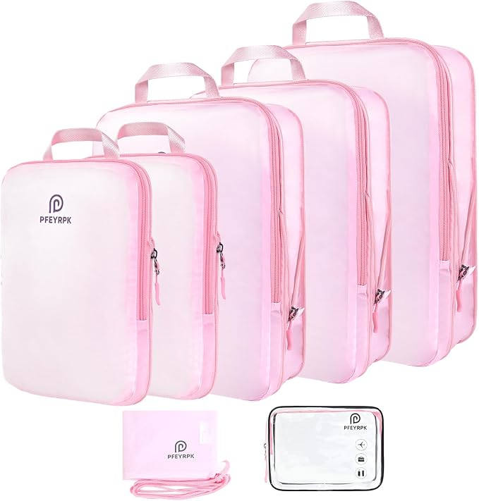 PFEYRPK Lightweight Compression Packing Cubes for Suitcases, Compressible Expandable Travel Packing Organizer with Clear Toiletries and Backpack Bag, Travel Essentials for Carry on Luggage 7 Set by PFEYRPK