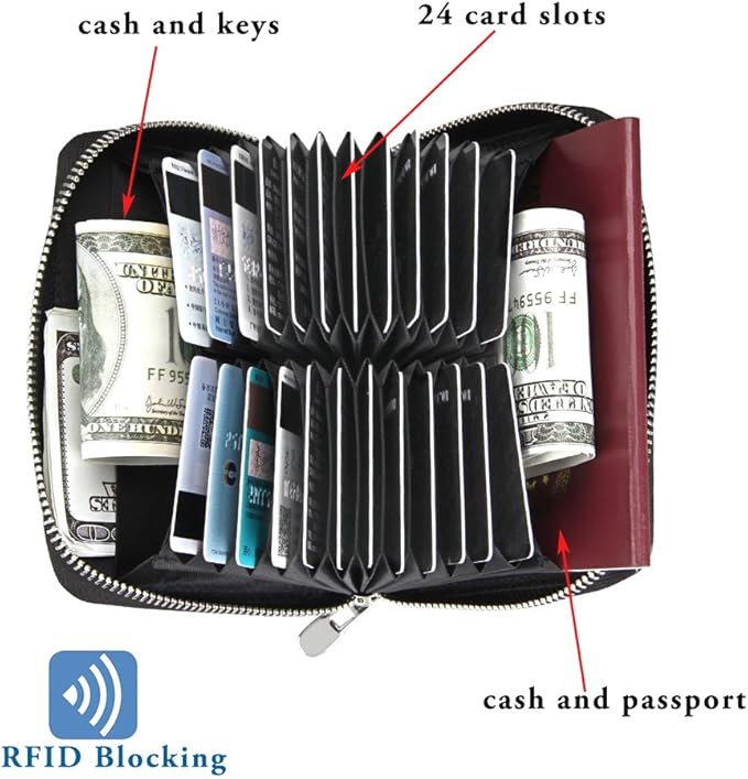 RFID Blocking 24 Slot Credit Card Holder Wallet Real Leather Multi Card Organizer Wallet with Zipper - Image 3