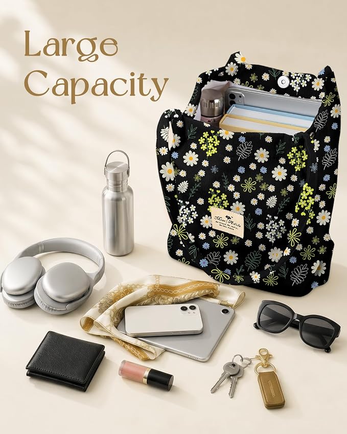 Miss Adola Designer Corduroy Tote Bag for Women | 3 Magnetic Buckles, Aesthetic Pattern, Reusable, Soft, Roomy Carry for Work, Travel, Grocery Runs - Image 6