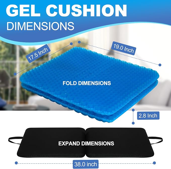 Gel Seat Cushion for Long Sitting-Two Sizes Gel Cushion (Thick＆Large) | 19"x17.5"x2.8" / 38"x17.5"x1.4" (Fold/Expand), Zero Gel Cushion for Pressure Relief, Honeycomb Gel Seat Cushion with Two Size - Image 2