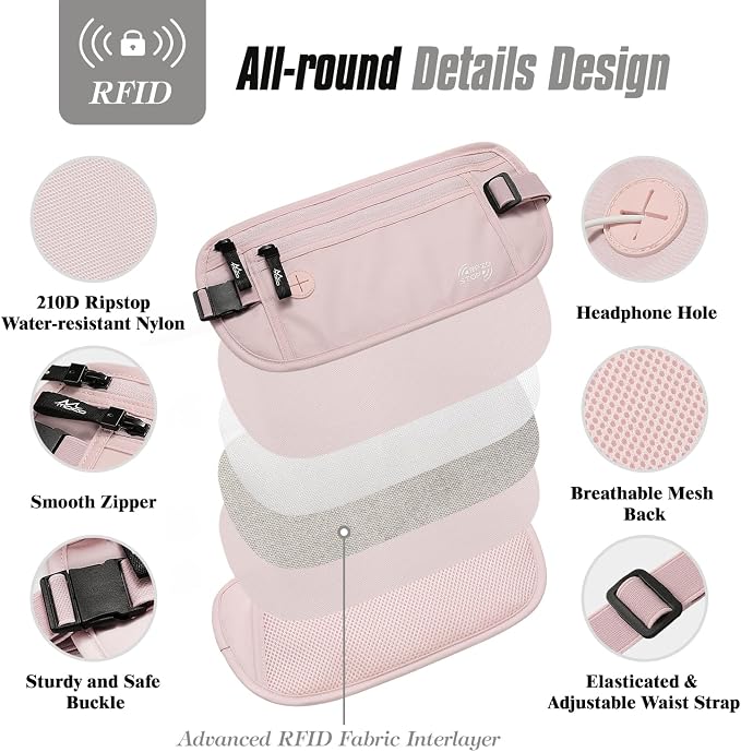 MoKo Travel Money Belt with RFID Blocking, Hidden Slim Wallet, Pink | Ultra-thin, breathable design fits discreetly under clothing; adjustable elastic belt fits 24-38 in waists. - Image 6
