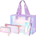 Cosweet Iridescent Beach Tote Bag with 3 Small Pouch for Women | 26L Waterproof Clear Jelly Bag, Tip-Proof Foldable, Small Pouch for Phone Makeup, for Pool Cruise Travel Gifts by Cosweet