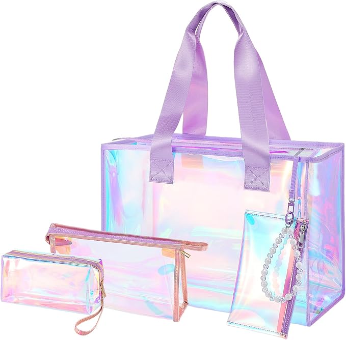 Cosweet Iridescent Beach Tote Bag with 3 Small Pouch for Women | 26L Waterproof Clear Jelly Bag, Tip-Proof Foldable, Small Pouch for Phone Makeup, for Pool Cruise Travel Gifts by Cosweet