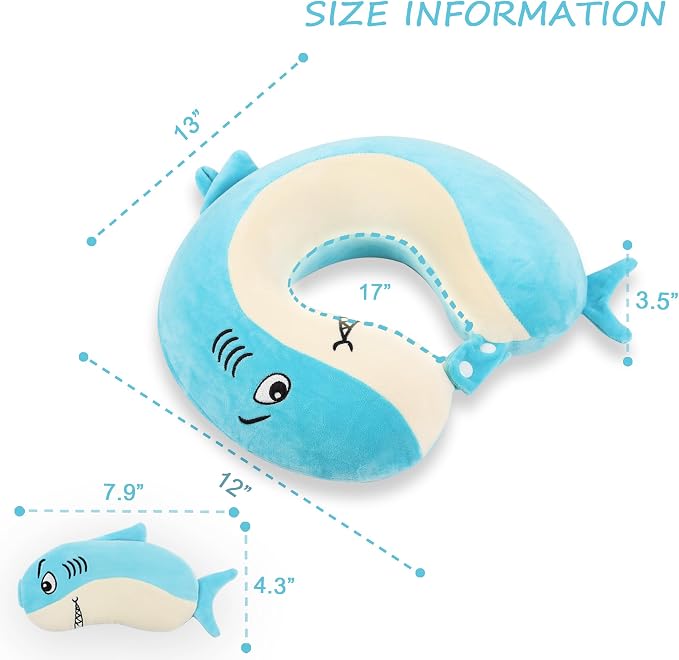Sexysamba Cartoon Headrest & Neck Pillow for Kids Boys & Girls, Teens, Travel Accessories for Airplane, Car, Recline, Memory Foam Cute Travel Pillow with Sleep Eye Mask - Shark - Image 2