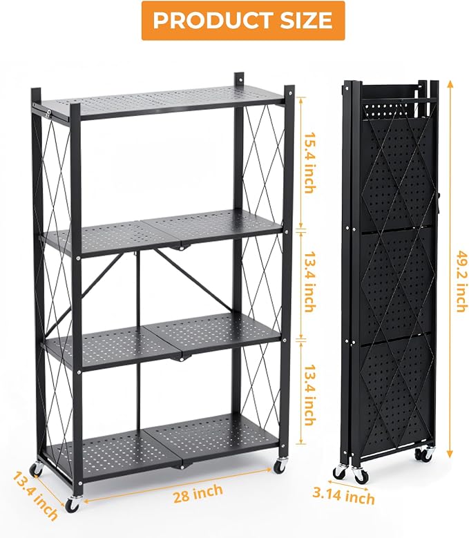 COKIHOM 4 Tier Foldable Storage Shelf, Large Capacity Metal Shelf Rack, Rolling Bookshelf with Wheels, Wire Shelf Organizer for Kitchen, Pantry, Office, Garage, Basement, Black - Image 3