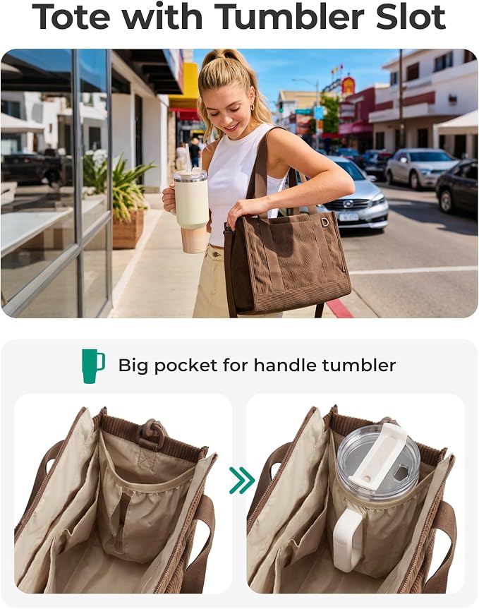 BAGSMART Corduroy Tote Bag for Women, Small College Teacher Laptop Handbag | Fits 14 inch Laptop, 40oz Tumbler Holder, Soft Corduroy Bag with Crossbody Strap for Daily, Work, Flight Travel, Hand Wash - Image 4