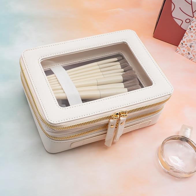 Aveniee Large Clear Makeup Bags, Double Layer Cosmetic Bags with Separate Brush Compartment, Travel Toiletry Bag Cosmetic Train Case, Travel Accessories Organizer for Women(2 Layers, White) - Image 4