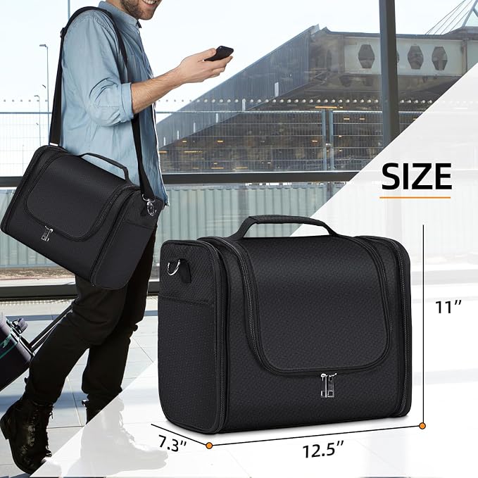 Buruis Extra Large Hanging Toiletry Bag for Women and Men, Black | Honeycomb Nylon, Detachable Shoulder Strap, Dual Zippers, Metal Hanging Hook, Full-Size Toiletry Storage, Travel Essentials - Image 8