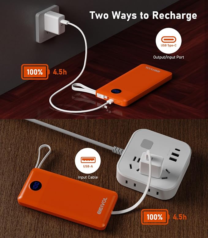 Portable Charger with Built in Cables, Slim 10000mAh Power Bank, USB C Battery Pack Travel, 4 Output 2 Input External Charging Bank for iPhone 17/16/15/14/13,Samsung, Android, etc-Orange(1 Pack) - Image 7