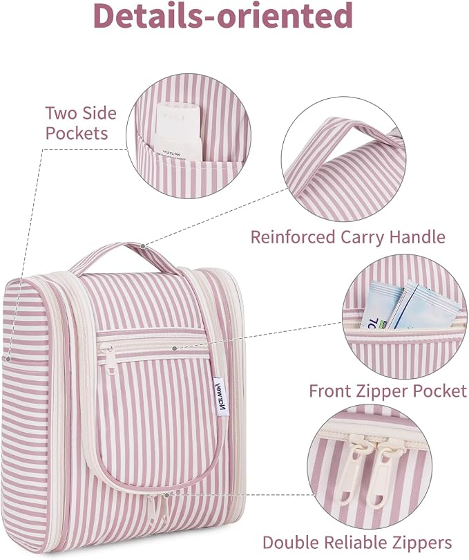 Narwey Small Striped Hanging Travel Toiletry Bag for Women, Travel Bag for Toiletries, Makeup Bag Organizer Cosmetic Bags Make Up Bags for Women (Dusty Rose Stripe) - Image 6