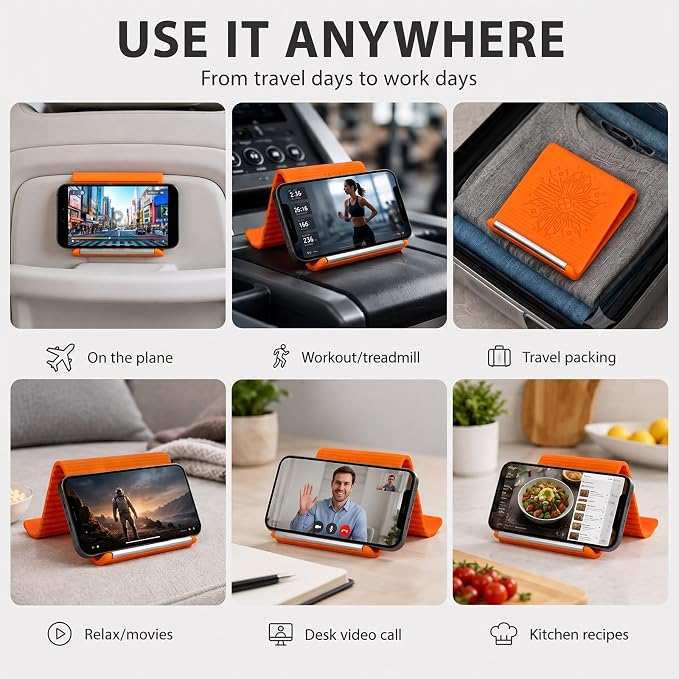 Airplane Phone Holder, Foldable Silicone Aluminum Phone Holder | Textured Non-Slip Surface Flexible Silicone Tablet Stand 0.12" Ultra-Thin Desktop Mount for Home Office Desk Travel Treadmill - Image 5
